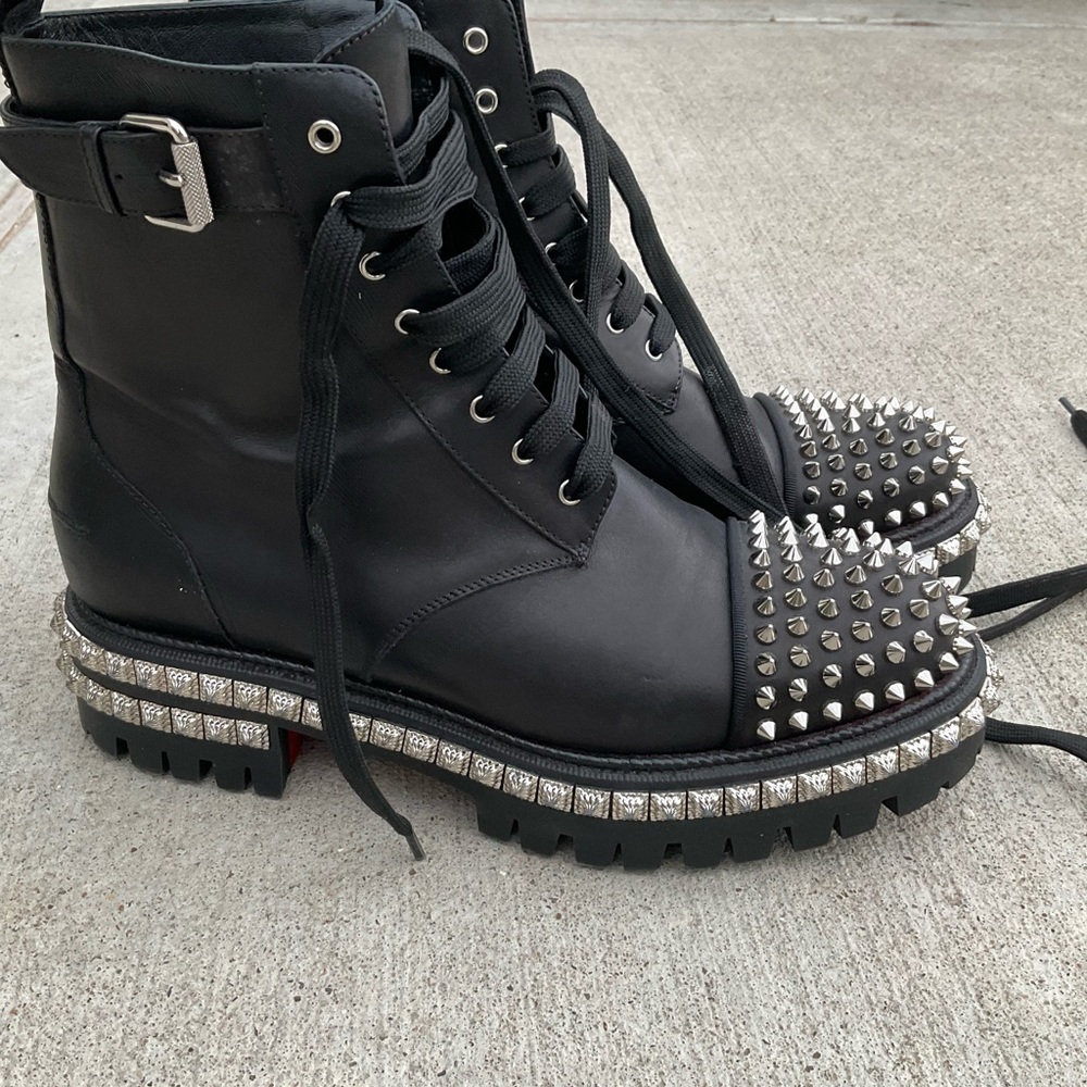 CHRISTIAN LOUBOUTIN King Street Spike Combat Boot In Black/ Silver Spikes